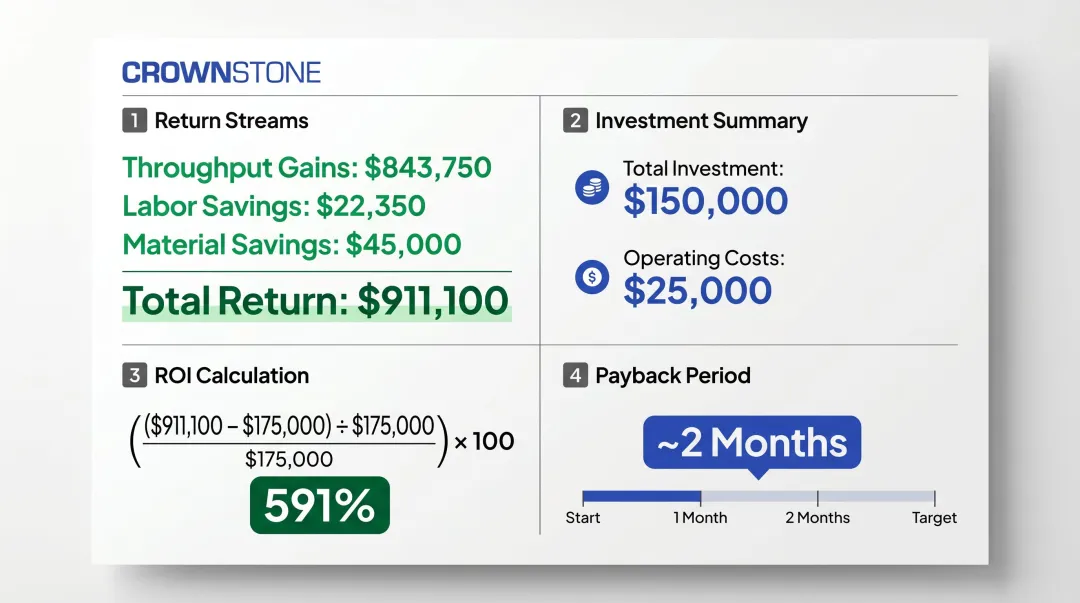 Bridge saw ROI example scenario calculation showing 591 percent return on investment