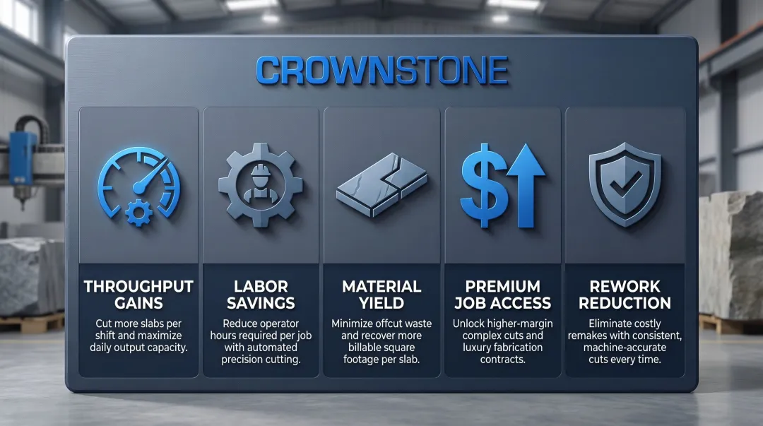 Five bridge saw ROI return streams infographic for stone fabrication shops