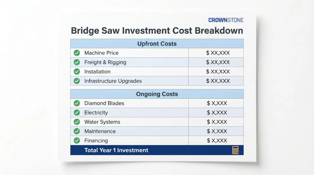 Bridge saw total investment cost breakdown checklist with line items and categories