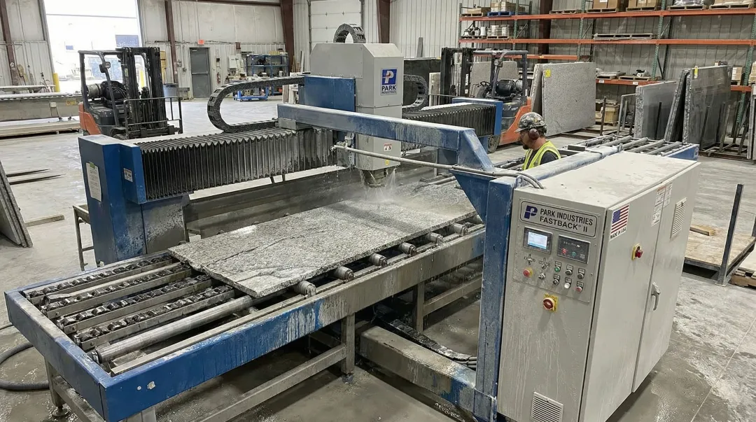 Park Industries FASTBACK II flat edge polisher in stone fabrication shop