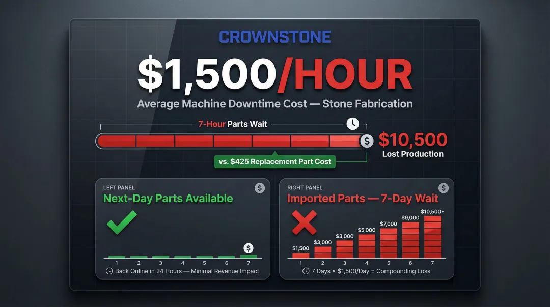Stone fabrication downtime cost breakdown showing hourly losses from parts delays