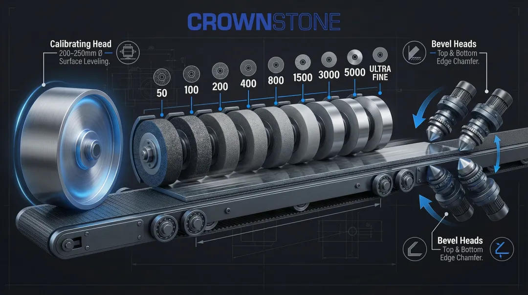 Flat edge polisher machine anatomy diagram with calibrating and polishing head stages