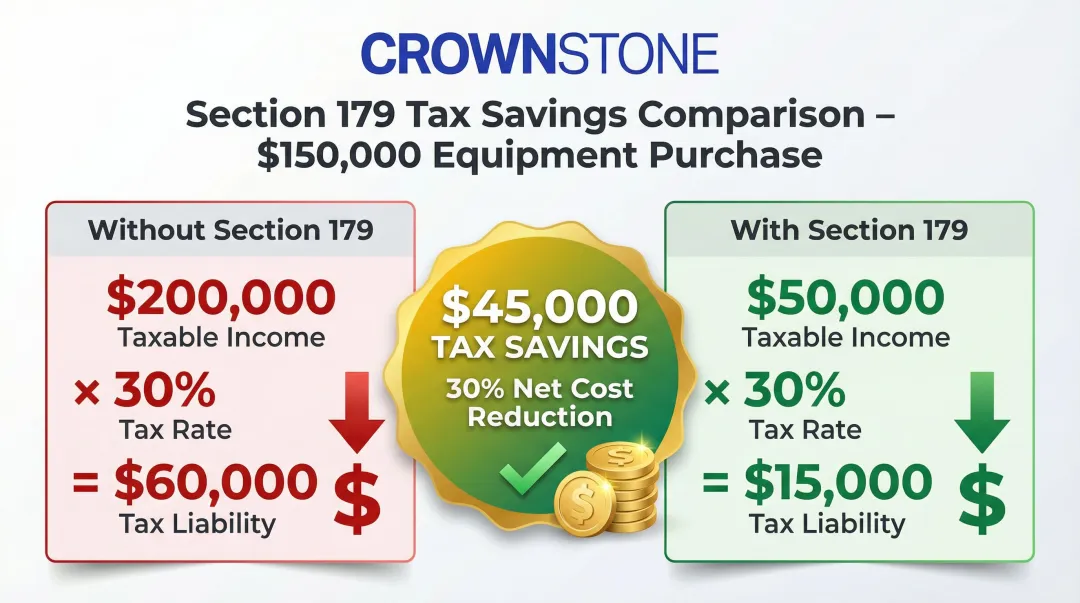 Section 179 tax savings comparison showing before and after deduction dollar amounts