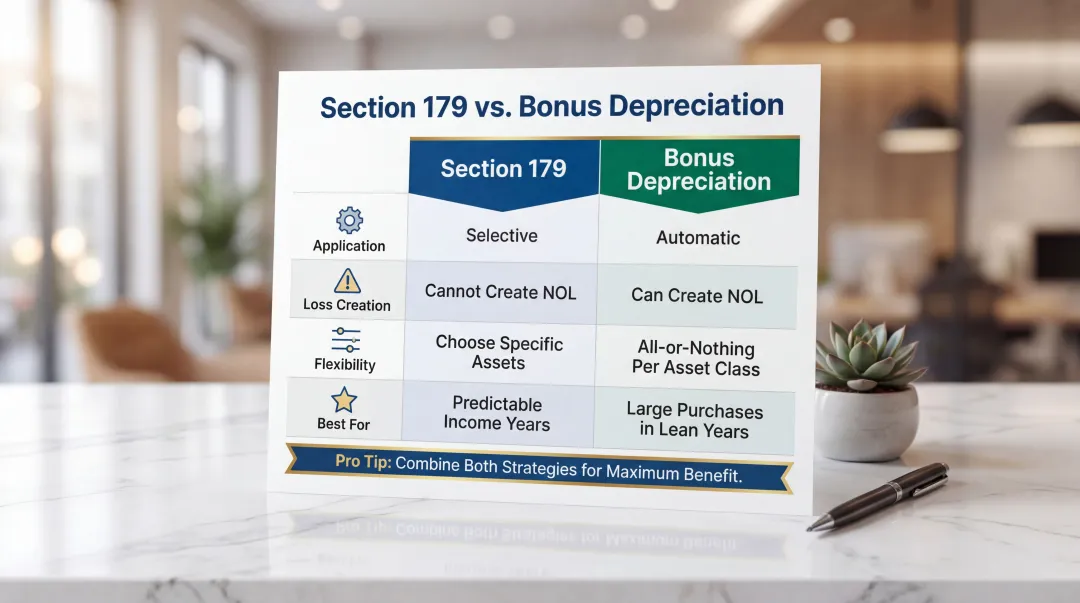 Section 179 versus bonus depreciation side-by-side comparison chart for fabrication shops