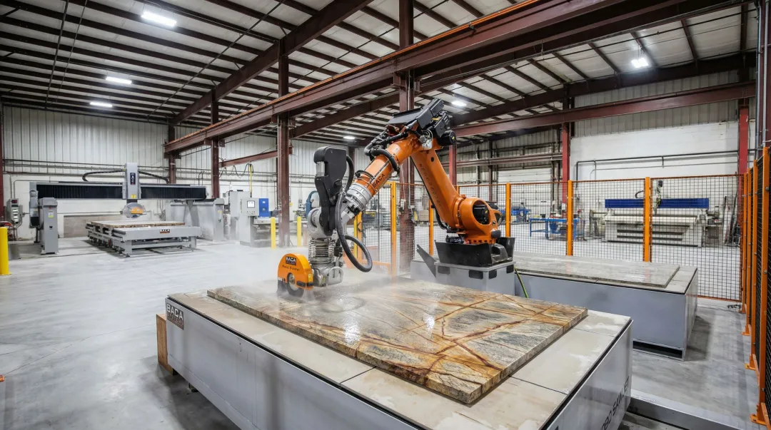 Park Industries SABERjet CNC sawjet machine on stone fabrication shop floor