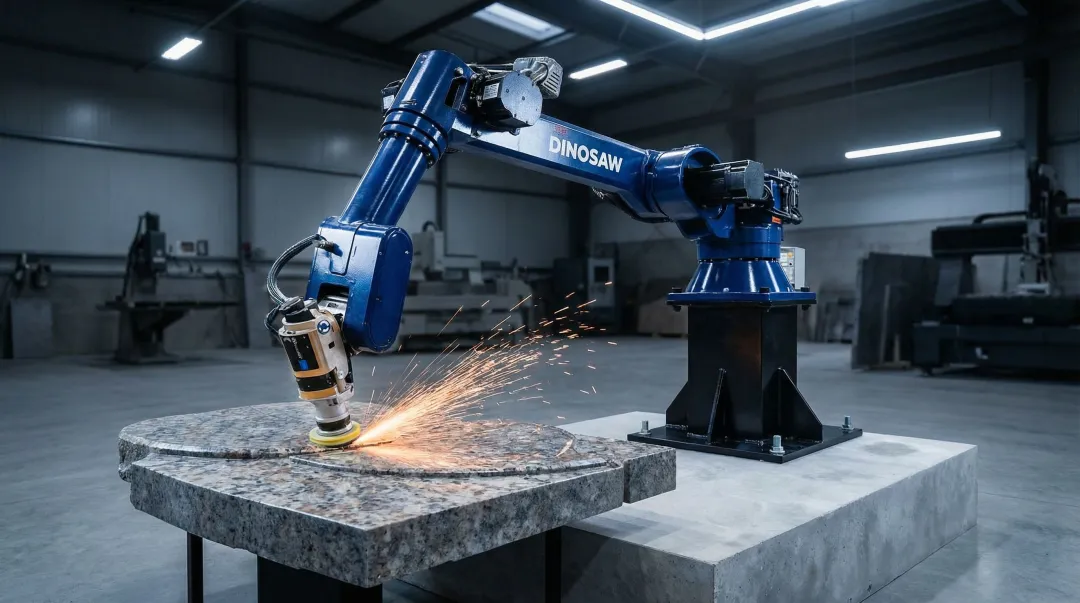 Industrial 6-axis robotic arm performing automated stone slab cutting operation