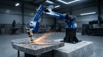 Industrial 6-axis robotic arm performing automated stone slab cutting operation