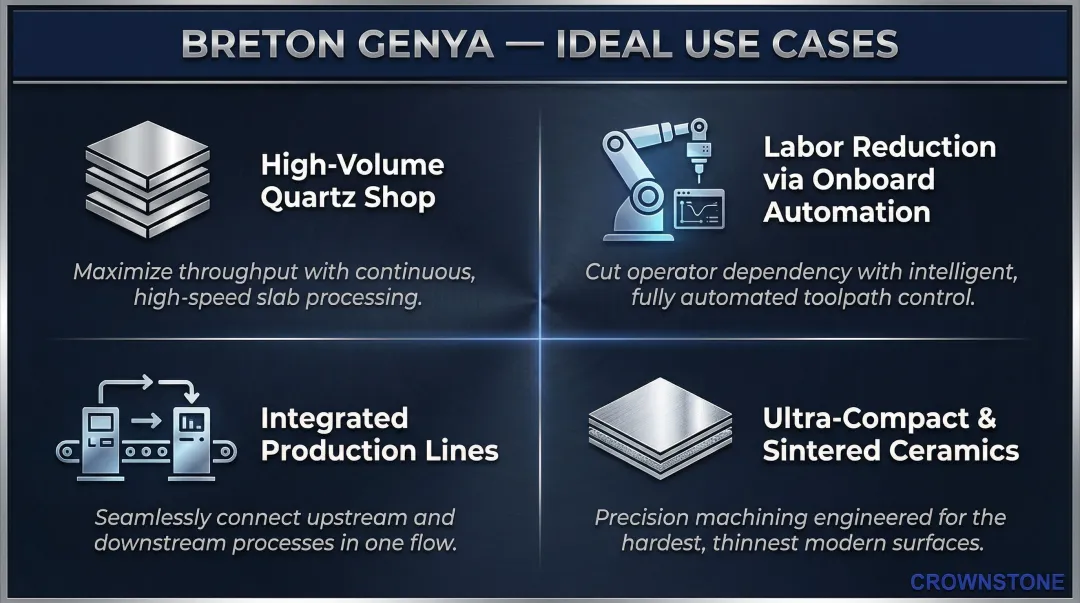 Four ideal use cases for Breton Genya CNC cutting center infographic