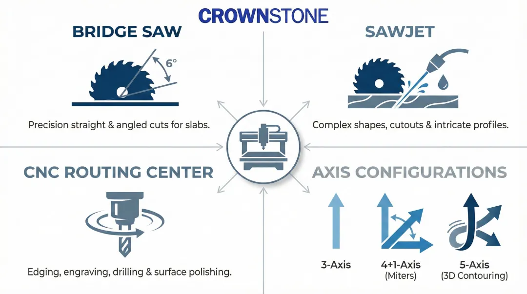 Four CNC stone machine types and axis configurations comparison infographic