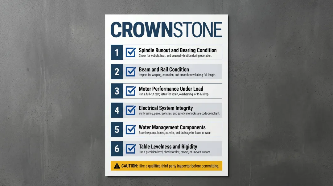 Six-point used bridge saw pre-purchase inspection checklist infographic