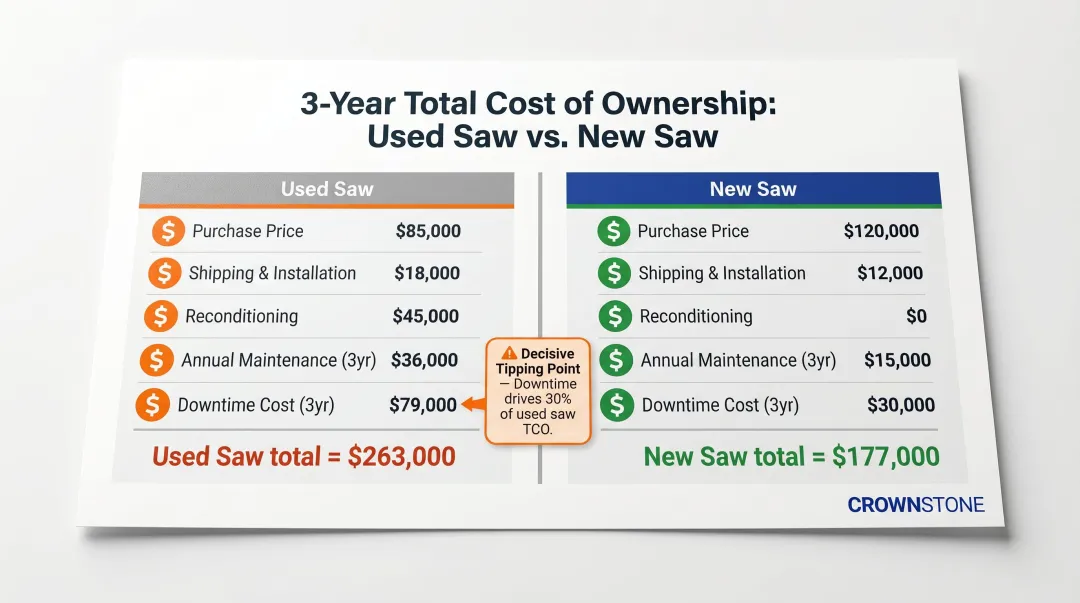 Three-year total cost of ownership comparison used versus new bridge saw