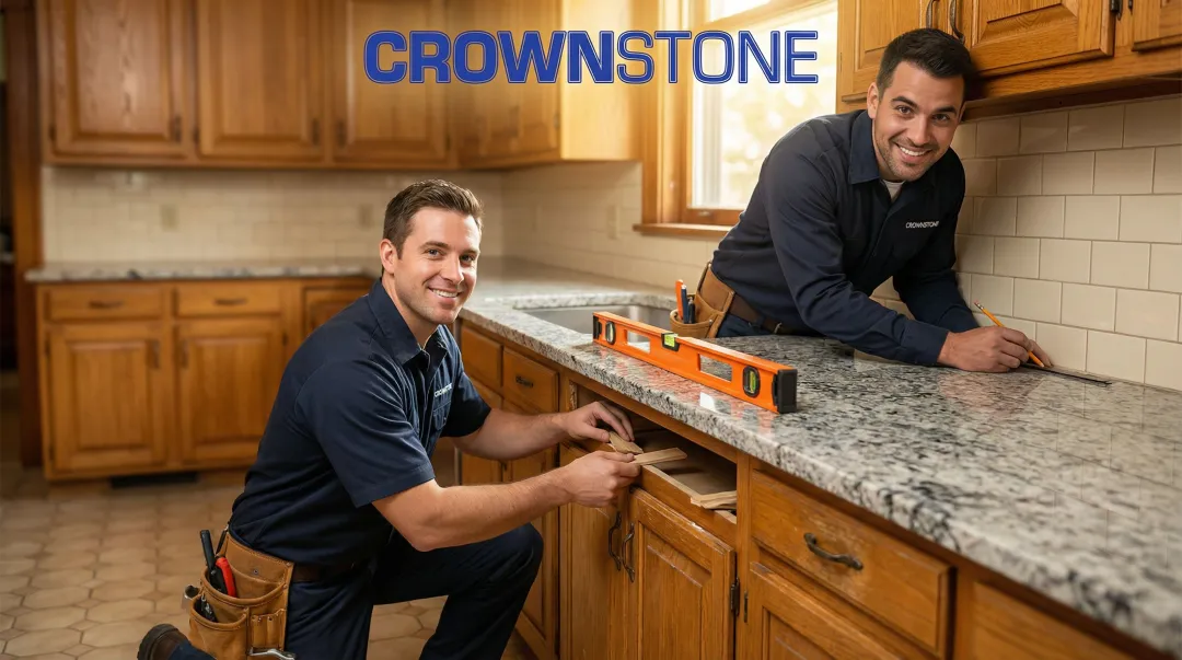 Granite installer shimming and scribing countertop edges in older Chicago kitchen