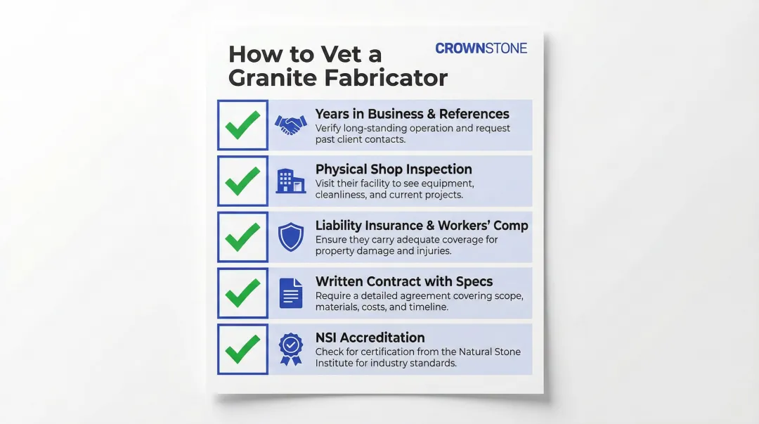Granite fabricator vetting checklist with five key verification criteria