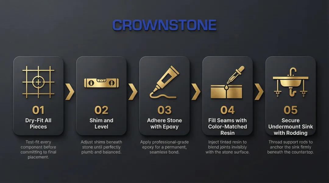 5-step granite countertop installation day process from dry-fit to sink securing