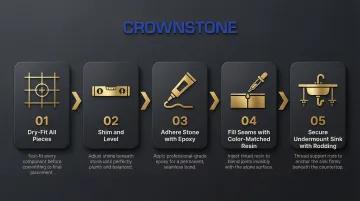 5-step granite countertop installation day process from dry-fit to sink securing