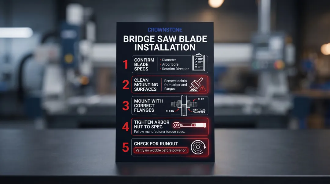 5-step diamond blade installation procedure for bridge saw arbor and flanges