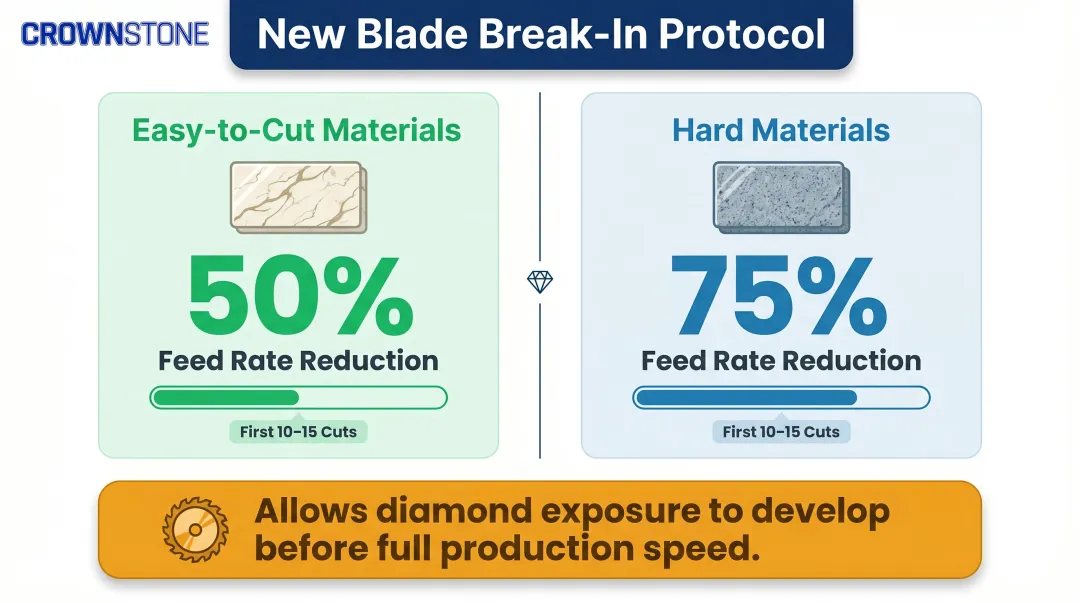 Diamond blade break-in protocol feed rate reduction chart by material hardness