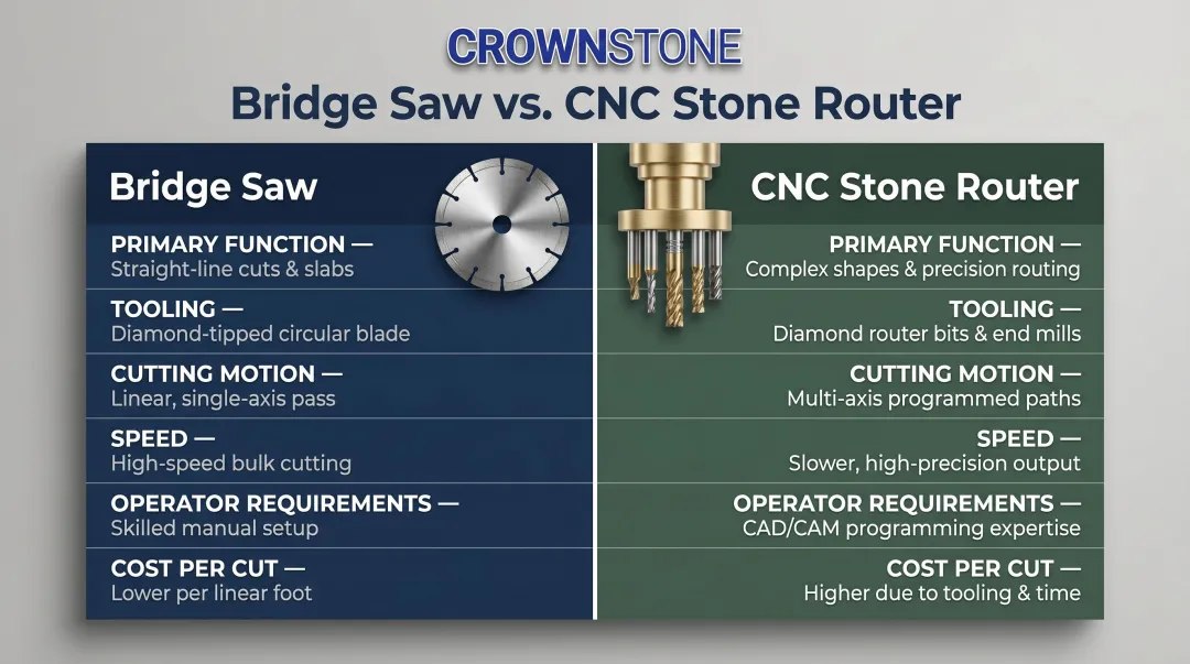 Bridge saw versus CNC stone router side-by-side feature comparison infographic