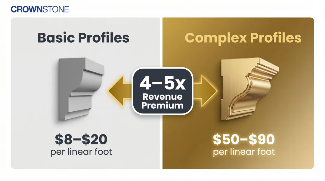 Stone edge profile pricing comparison basic versus complex CNC router revenue infographic