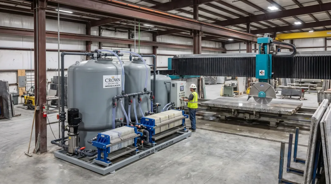 Crown Stone USA water recycling system delivering coolant flow for bridge saw porcelain cutting