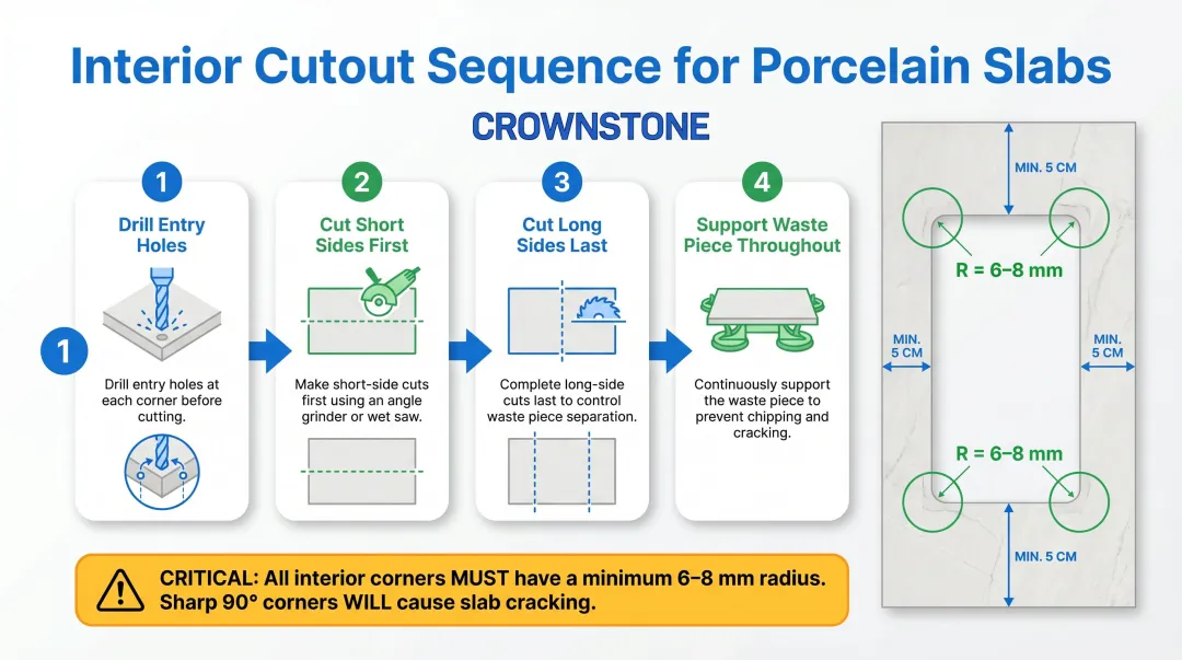 Four-step interior sink cutout sequence for porcelain slab fabrication without cracking