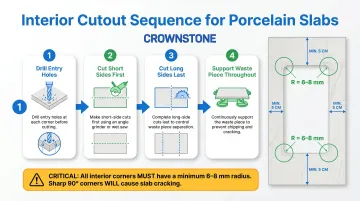 Four-step interior sink cutout sequence for porcelain slab fabrication without cracking