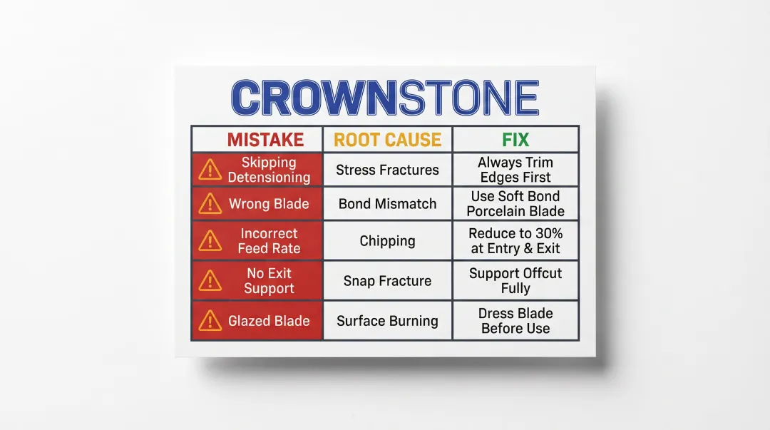 Five common porcelain cutting mistakes with causes and corrective actions comparison chart