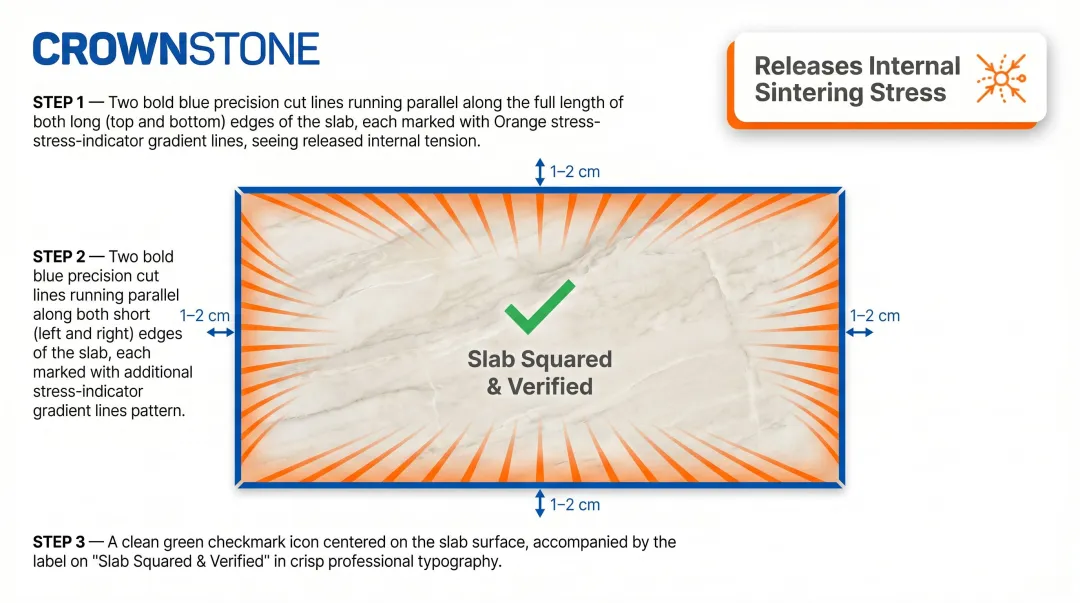 Three-step porcelain slab detensioning cut sequence before primary fabrication cuts