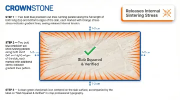 Three-step porcelain slab detensioning cut sequence before primary fabrication cuts