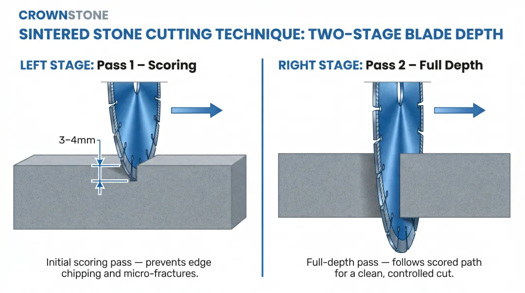 Sintered stone scoring pass versus full depth cut technique step-by-step diagram