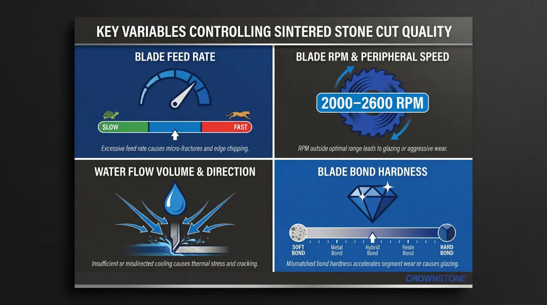 Four sintered stone cut quality control variables blade feed RPM water flow and bond hardness