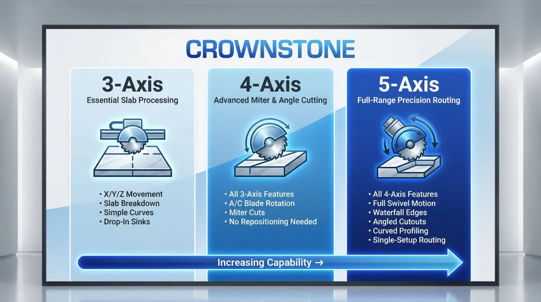 3-axis 4-axis and 5-axis bridge saw cutting capability comparison infographic