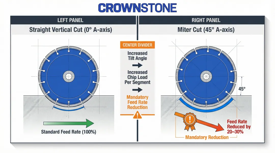 Miter cut feed rate adjustment requirement showing blade contact arc change at tilt angles