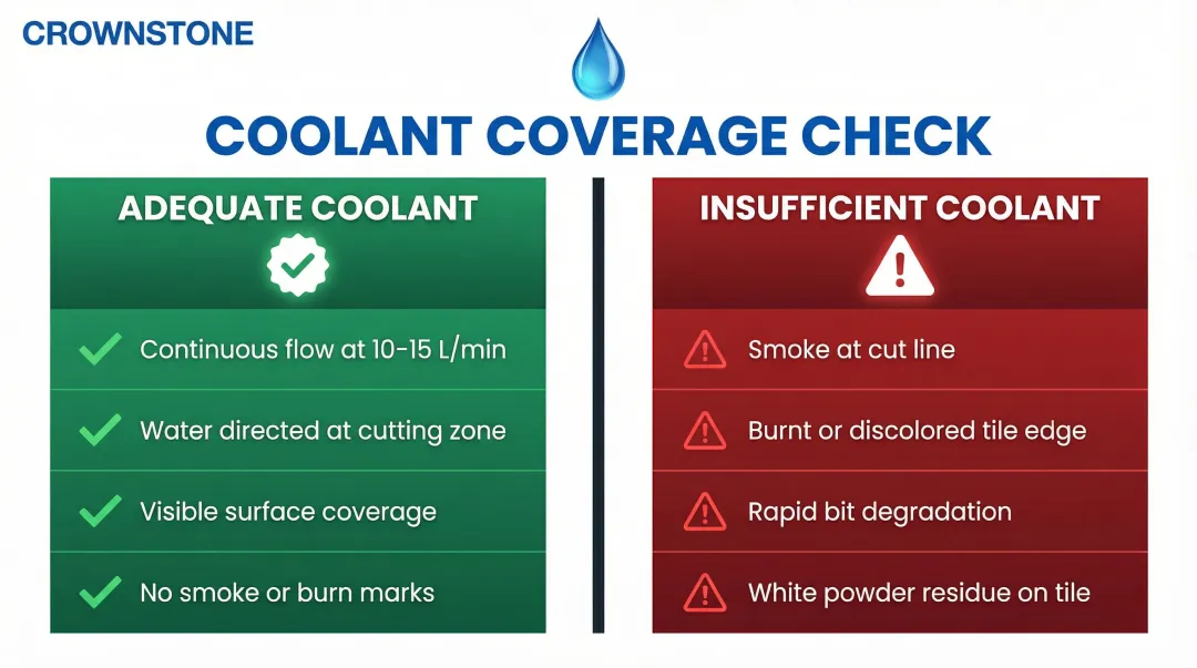 Adequate versus insufficient coolant flow signs during ceramic tile CNC routing