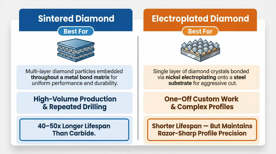 Sintered versus electroplated diamond router bit comparison chart for ceramic tile