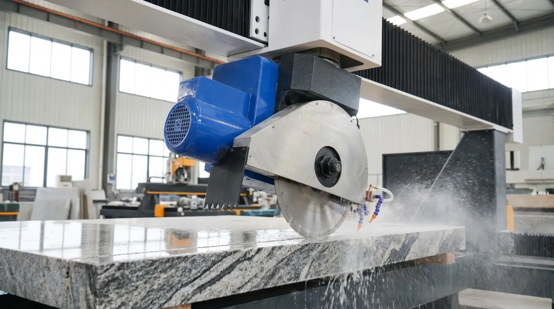 5-axis CNC bridge saw cutting head performing multi-angle stone profile cut