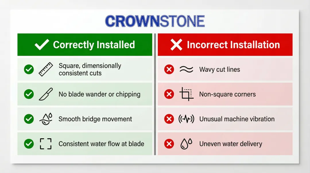 Correct versus incorrect bridge saw installation indicators side-by-side comparison chart