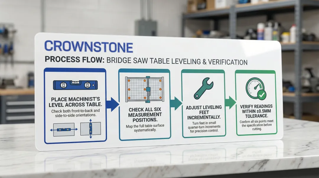 Bridge saw precision leveling procedure four-step process flow diagram