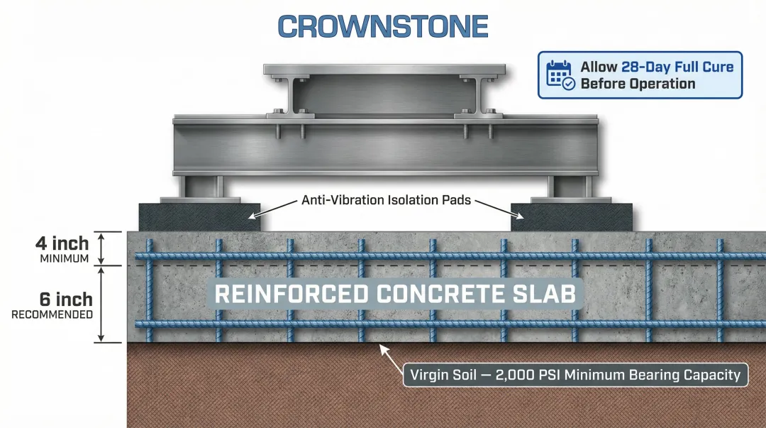 Bridge saw foundation requirements showing concrete slab depth and anti-vibration mount placement