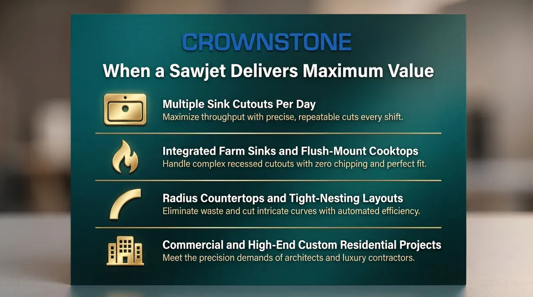 Sawjet ideal use cases list including sinks radii commercial and custom fabrication work