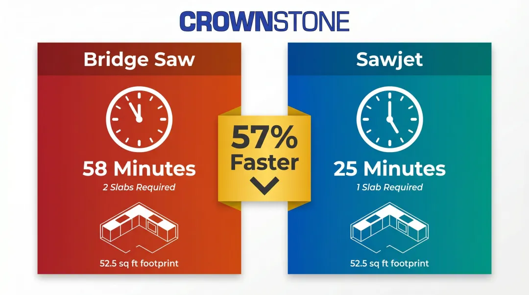 Bridge saw versus sawjet cutting time comparison 58 minutes versus 25 minutes