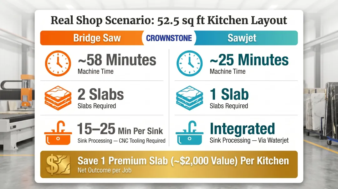 Bridge saw versus sawjet real shop scenario comparison machine time slab usage and sink processing