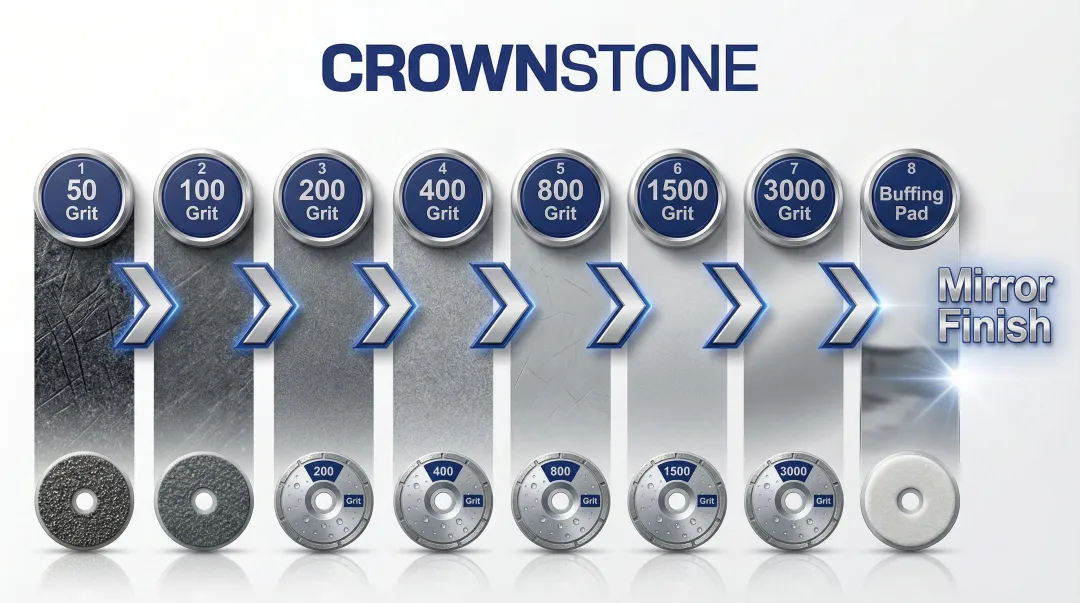 8-step granite wet polishing grit progression from 50 to buffing pad