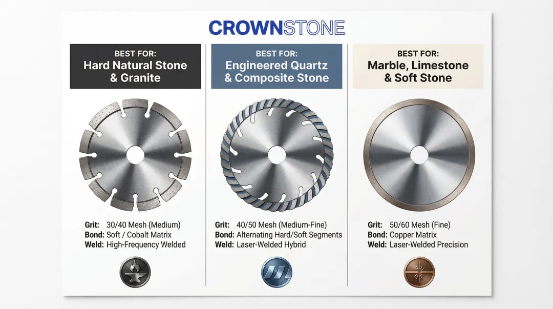 Diamond blade selection guide by stone type granite quartz and marble comparison