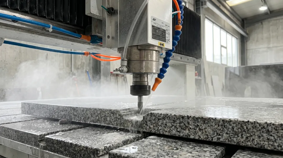 Industrial CNC router machine processing granite countertop edge profile in fabrication shop