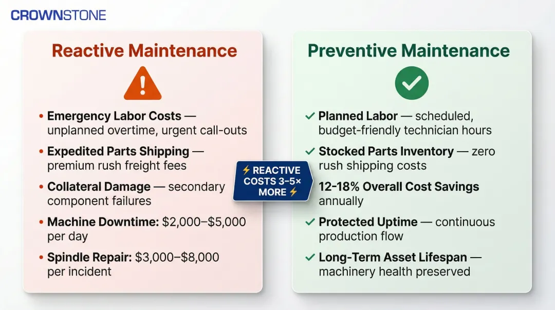 Reactive versus preventive maintenance cost comparison showing 3x to 5x expense difference
