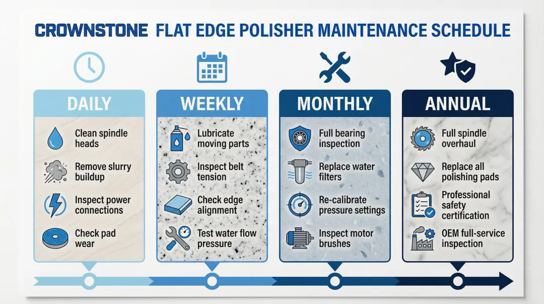 Flat edge polisher maintenance schedule daily weekly monthly and annual tasks breakdown