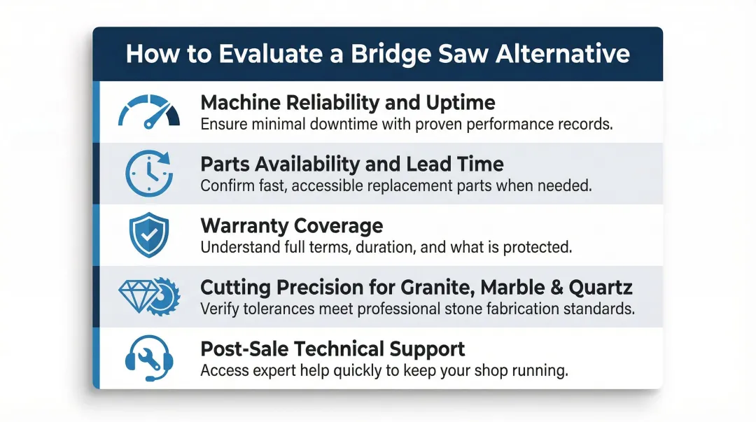 Five criteria for evaluating bridge saw alternatives reliability parts warranty support precision