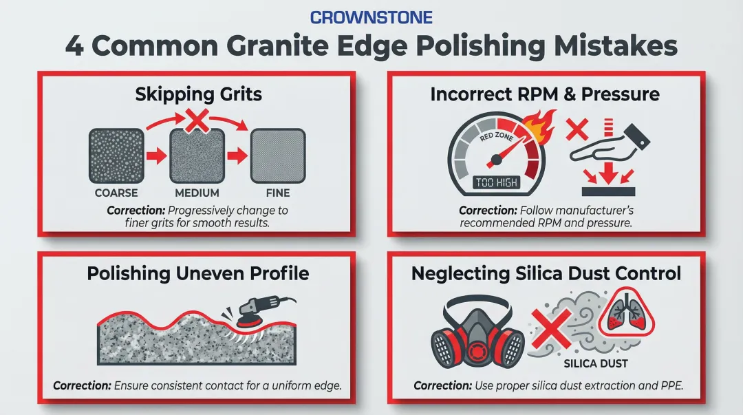 four common granite edge polishing mistakes causes and corrections reference infographic
