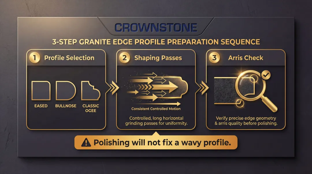 granite edge profile shaping steps before polishing process flow infographic